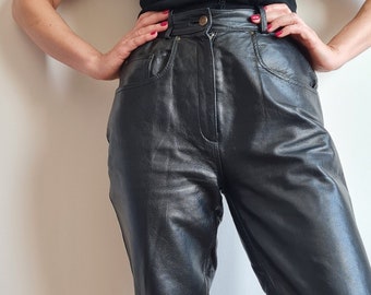 80's High Waisted Leather Pants Size S/M|Genuine Leather Rocker Black Pants|Vintage Mom Fit Leather Trousers