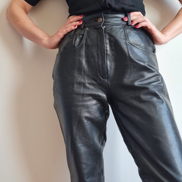 80er Jahre Lederhose mit hoher Taille Gr S / M|Echtes Leder Rocker Schwarze Hose|Vintage Mom Fit Lederhose