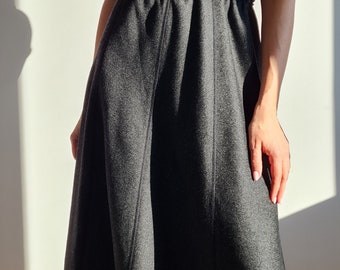 BETTY BARCLEY Vintage Wool A Line Midi Skirt|Dark Grey Retro Gored Skirt|Size L/XL