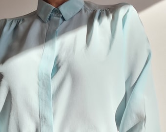Pure silk light blue vintage shirt/Elegant 100% silk button-up blouse/Size M