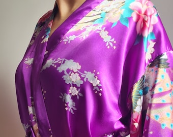Original Asian Purple Pure Silk Robe|Vintage Silk Dressing Gown With Asian Pattern|Size S