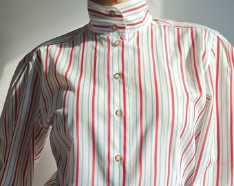 70s Striped Cotton Shirt | Vintage Betty Barcley Blouse, Puffed Sleeves Size M