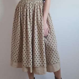 Vintage Beige With Black Funny Patterned Cotton Skirt|Double-Layer Flowy Midi Skirt|Size S/M