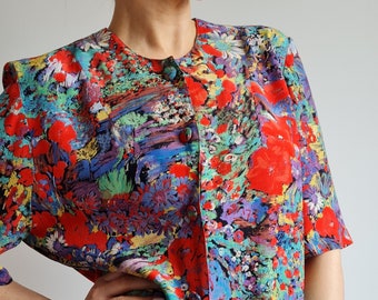 80s Colorful Short Sleeve Viscose Blouse|True Vintage Patterned Plus Size Mandy Marsh Blouse|Size XL