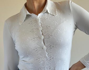 Body de encaje inglés vintage Anti-Flirt Paris / Tanga de manga larga color blanco roto M