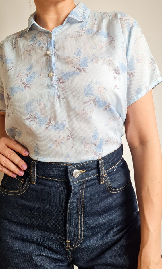 Vintage Cacharel Light Blue Floral Blouse|100% Cotton Short Sleeve Button-Up Shirt|Size M
