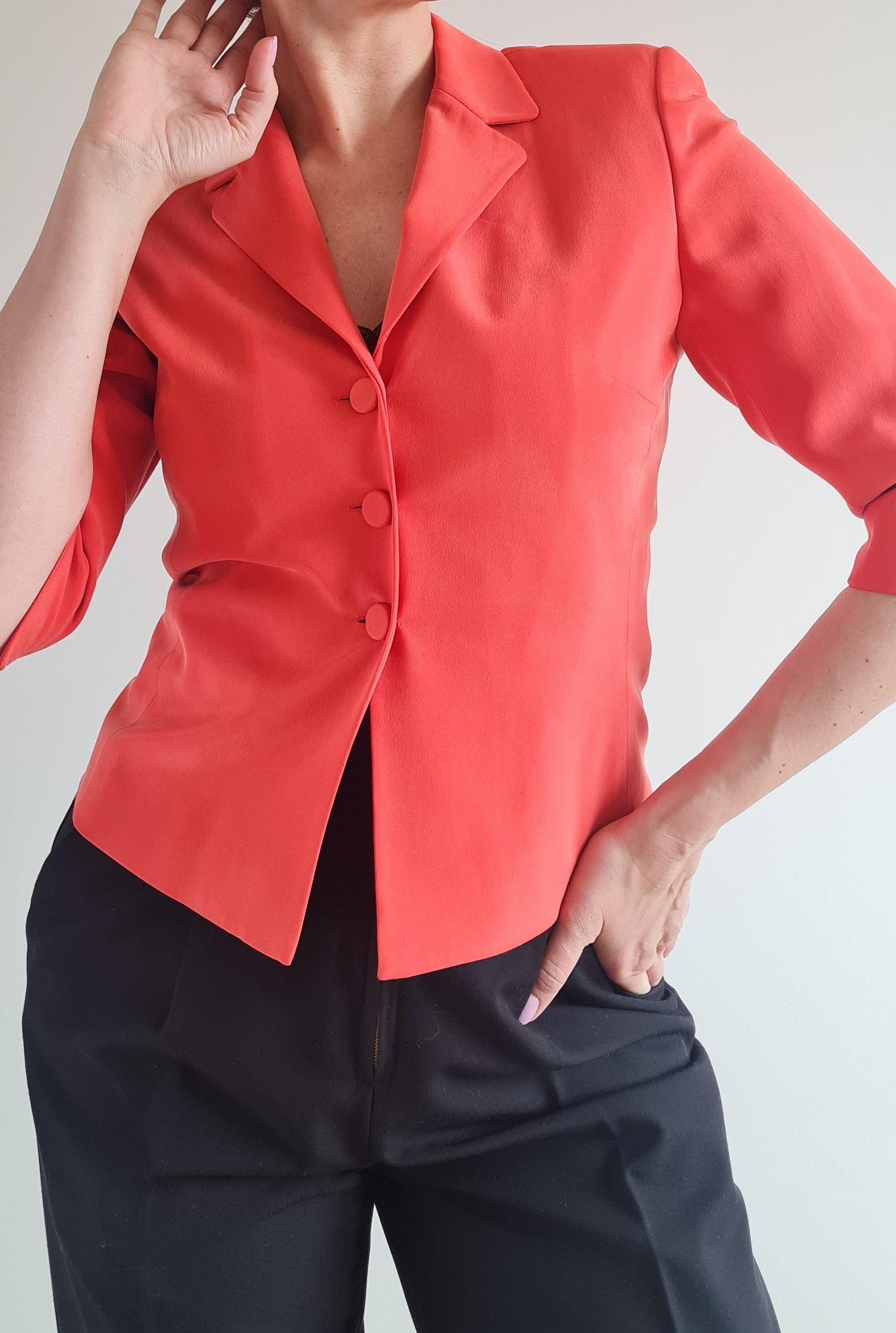 Vintage Coral Silk Jacket 100% Silk Fitted Blazer with Shoulder Pads, 3/4 Sleeves Size S