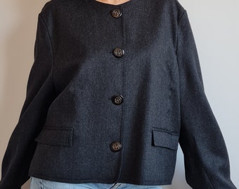 Blazer vintage de lana virgen / Chaqueta cuadrada gris oscuro con botones rosas, talla XL