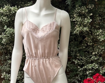 100% Silk Vintage Blush Pink Bodysuit |Embroidered Pleated Camisole Teddy|Size XS