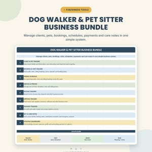 Könnte beinhalten: Ein digitales Business-Paket für Hundesitter und Gassi-Geher mit neun Werkzeugen wie Kunden-, Buchungs-, Zeitplan-, Einkommens-, Ausgaben- und Zahlungs-Tracker. Das Layout verwendet ein farbcodiertes System in Gelb, Grau, Grün und Blau.