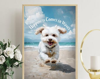 Beach Dog Art Print | Happiness Quote, Summer Coastal Decor (Digital Download)