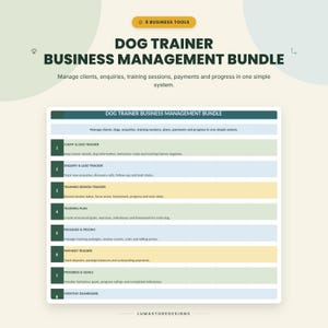May include: A digital business management bundle for dog trainers featuring eight tools: client and dog tracker, enquiry and lead tracker, training session tracker, training plan, packages and pricing, payment tracker, progress and goals, and monthly dashboard.