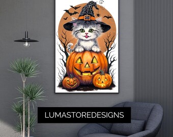 Witch Cat Halloween Print | Spooky Pumpkin Wall Art (Digital Download)