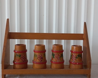 Vintage retro turn of the century  folk art wooden short drink glass set with wall mounted mini shelf. 1970-80s Hungary