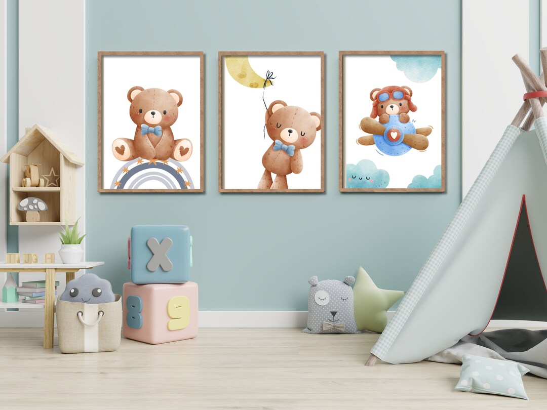 Adorable Teddy Bear Nursery Wall Decor Set of 3 Printable Posters for