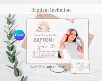 Personalisierbare HLT-Taufeinladung | Bearbeitbare Dankeskarte | Bearbeitbare Vorlage für Einladung | Regenbogen Invite | Mädchen Taufe |