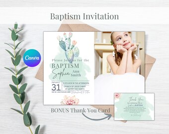 Personalisierbare HLT-Taufeinladung | Bearbeitbare Dankeskarte | Bearbeitbare Vorlage für Einladung | Kaktus Invite | Mädchen Taufe | Druckbar