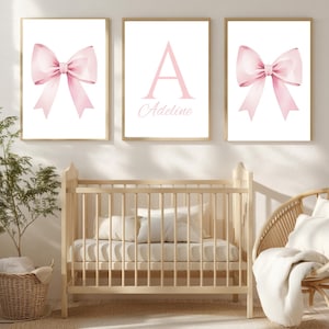 Pink Bow Custom Nursery Art, Pink Nursery Set of 3, Wall Art, Digital Download, Printable, Framed Pink Bows, Name Printable, Girl Nursery