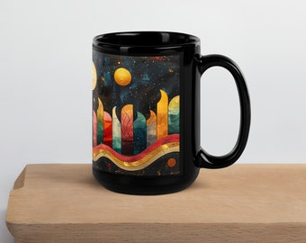 Starry Night Metallic Sun III 15oz. Glossy Black Celestial Mug with Elegant Gold Accents  Mug