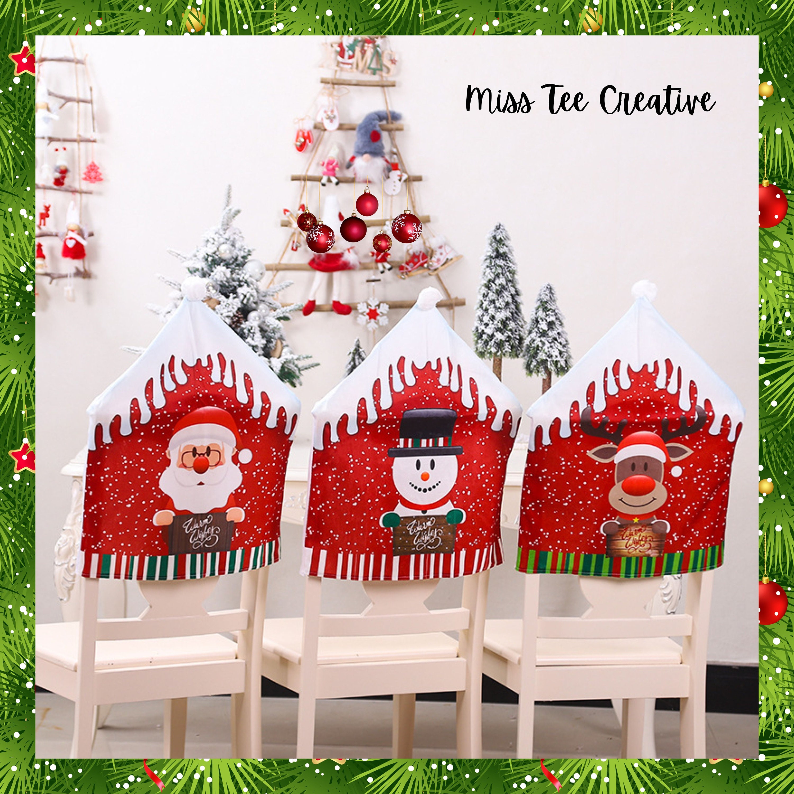 Christmas Chair Covers Xmas Character Dining Chair Cover Santa Snowman Reindeer Chair Cover 3 Pack or Individual Chair Cover Christmas Decor Etsy