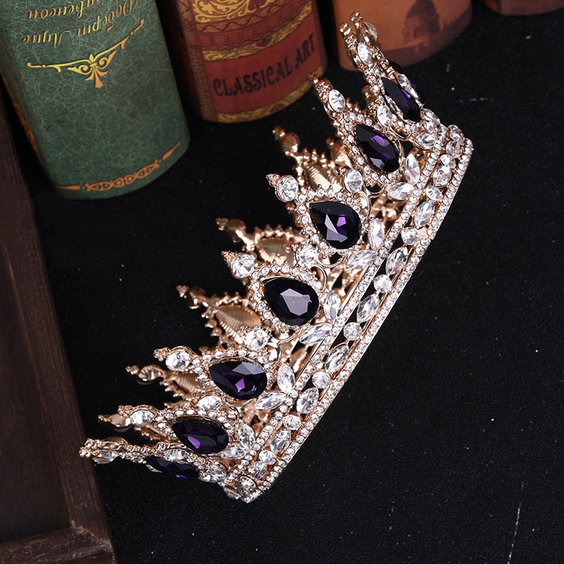 8 Pcs Purple & Gold Queen Crown Birthday Cake Topper Set - Rhinestone Tiara, Acrylic Sign & Foam Balls | Princess Party Decor