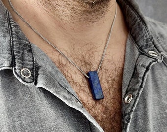 Lapis Lazuli Pendant on Stainless Steel Chain - Healing Crystal Necklace - September Birthstone - Unisex Jewelry Gift