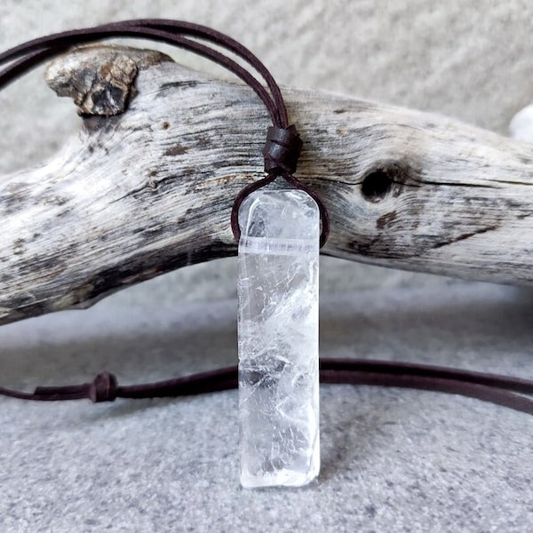 Clear Quartz Crystal Pendant - Men's Healing Crystal Necklace on Leather Cord - Husband Gift - Trending Jewelry