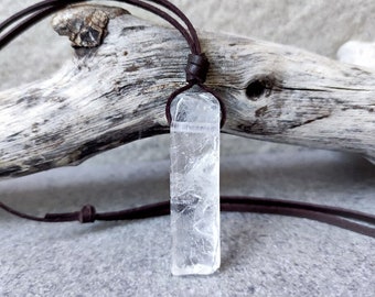 Clear Quartz Crystal Pendant - Men's Healing Crystal Necklace on Leather Cord - Husband Gift - Trending Jewelry