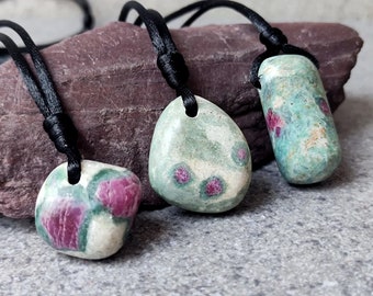 Ruby Fuchsite Crystal Necklace – Gemstone Pendant on Vegan Cord – Personalized Galentine Gift
