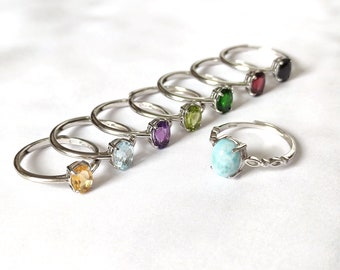 Raw Gemstone Solitaire Ring - Peridot, Topaz, Larimar, Garnet - Adjustable Silver 925 - Bohemian Elegance