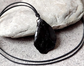 Zwarte obsidiaan herenketting – edelsteenhanger aan leren koord – handgemaakte cadeaus voor vriend