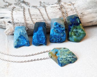 Boho Blue Agate Necklace - Crystal Pendant on Stainless Steel Chain - May Birthstone Gift for Him & Her