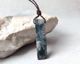 Moss Agate Pendant Necklace – Charm Gemstone Jewelry on Leather – Spiritual Handmade Gift
