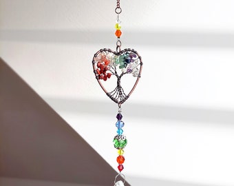 Tree of Life Raw Crystal Sun Catcher - Window Hanging Ornament for Cottagecore Vibe - Romantic Bronze Heart