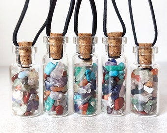 Crystal Chip Vial Necklace - Quartz Bottle Kit on Leather Cord - Boho Car Charm & Witchy Dreamcatcher Decor