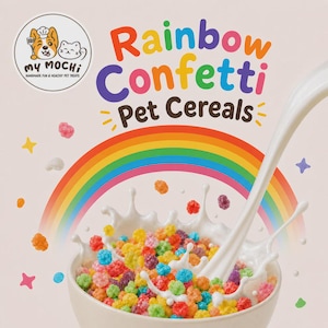 May include: A bowl of colorful, small, round pet cereal pieces splashing in white milk. Above the bowl is a rainbow graphic and the text Rainbow Confetti Pet Cereals. A logo in the top left corner features a dog and cat with the text My Mochi.