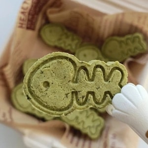 May include: A close-up of a bag of green fish-shaped dog treats. The treats are in the shape of a fish bone and have a textured surface.