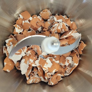 May include: A close-up of a food processor with a metal blade, filled with broken pieces of eggshells.