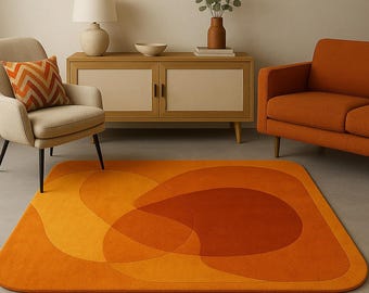 Orange Abstract Rug, Hand Tufted Wool Area Rug, Mid Century Modern Carpet, Retro Geometric Rug, Burnt Orange Living Room.