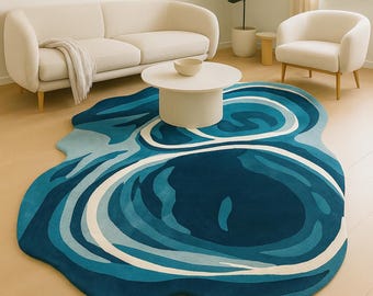 Handmade Tufted Wool Rug: Abstract Blue Swirl Design