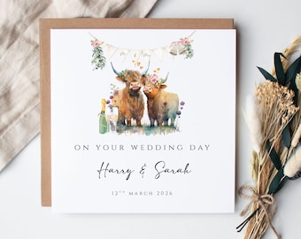 Personalised Highland Cow Wedding Card: Scottish Watercolour Design