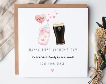 Personalised First Father's Day card baby girl Irish stout baby bottle design| To the best Daddy in the world
