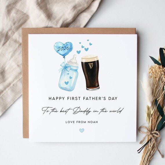 Personalised First Father's Day card baby boy Irish stout baby bottle design| To the best Daddy in the world