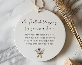 A Scottish Blessing for your new home white gloss ceramic gift| Scottish Home decoration Thistle keepsake ornament