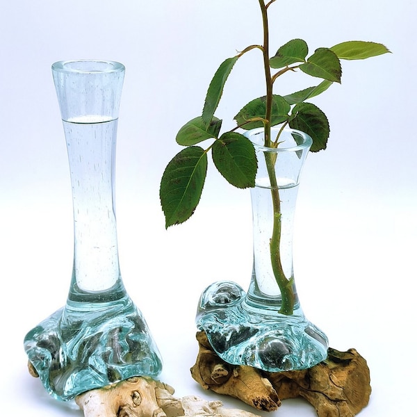 vase soliflore en verre soufflé sur racine en bois fait main pour décoration intérieure et cadeau