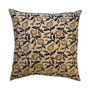 Karel | Gold and Black Floral Block-Printed Cotton Pillow Cover