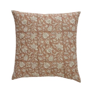 Evelyn | Coral Floral Block-Printed Linen Pillow Cover