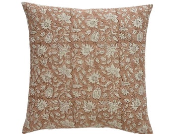 Evelyn | Coral Floral Block-Printed Linen Pillow Cover