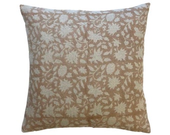 Ann | Coral-Brown Floral Block-Printed Linen Pillow Cover