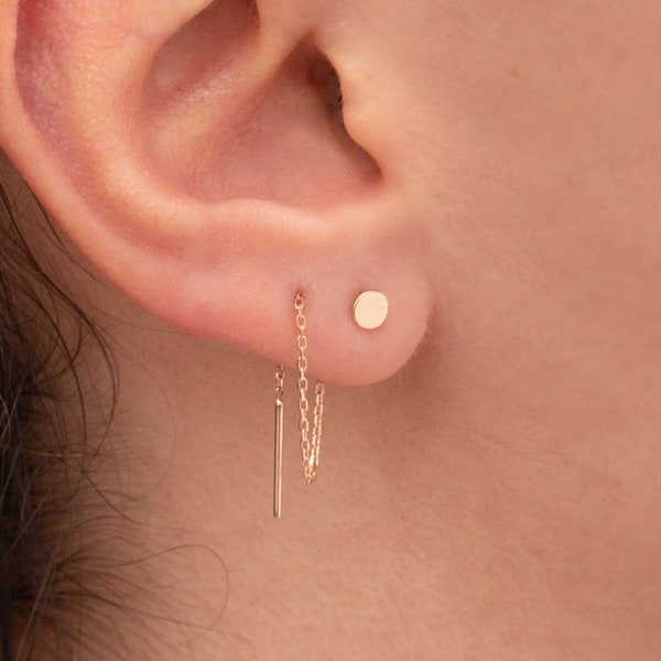 Threader Mini Disc Earrings 14K 18K Solid Gold, Tiny Dot Threader Earrings, Minimalist Moon Dangle & Drop Long Chain Pull-through Earrings